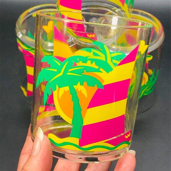 80s Gas station Premium Promo Tropical Sail Boat Plastic Drinking Cup Set of 4 - Picture 7 of 10